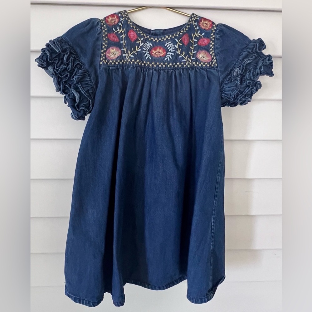 Denim Dress with Embroidered Neckline and Frill Sleeves